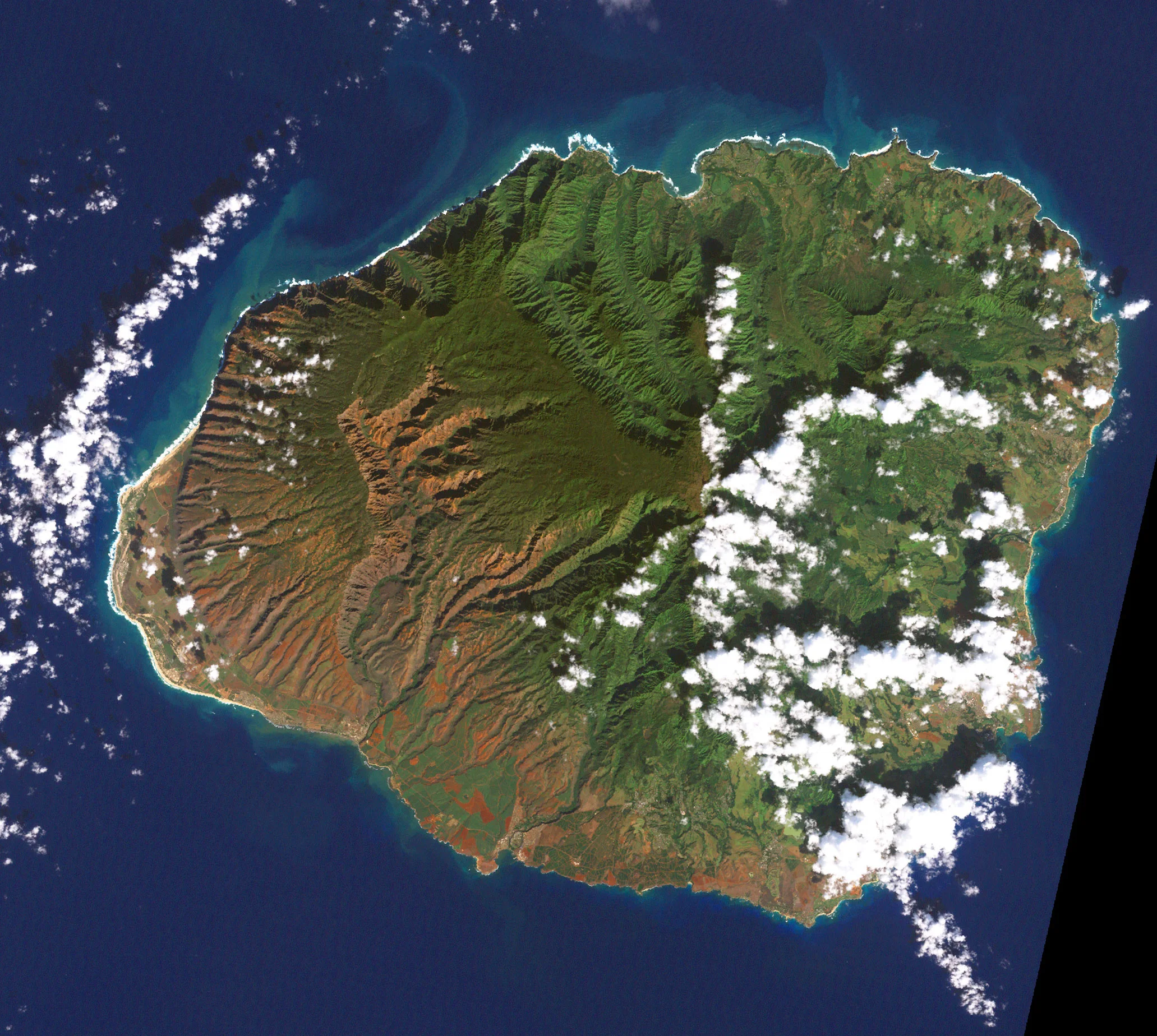 Landsat view of Kauaʻi showing the island's ridges, valleys, coast, and surrounding ocean